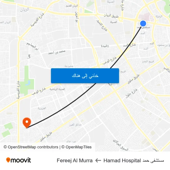 مستشفى حمد Hamad Hospital to Fereej Al Murra map