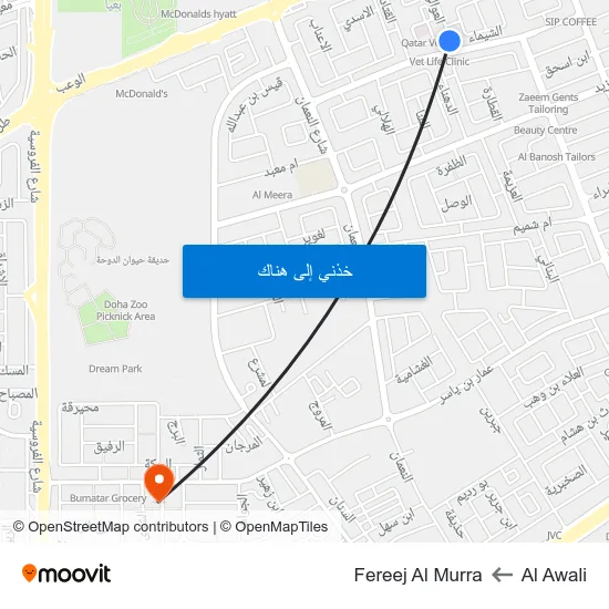 Al Awali to Fereej Al Murra map
