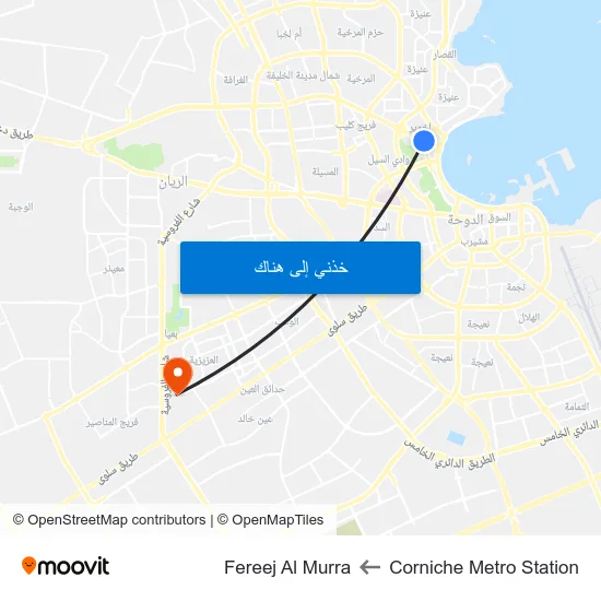 Corniche Metro Station to Fereej Al Murra map
