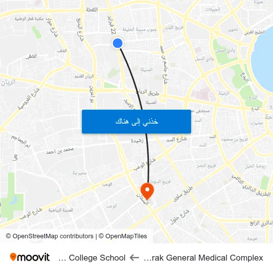 Mubarak General Medical Complex to Doha College School map