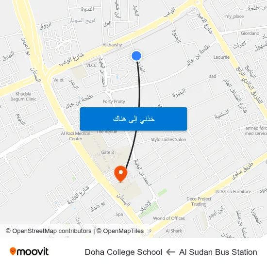 Al Sudan Bus Station to Doha College School map