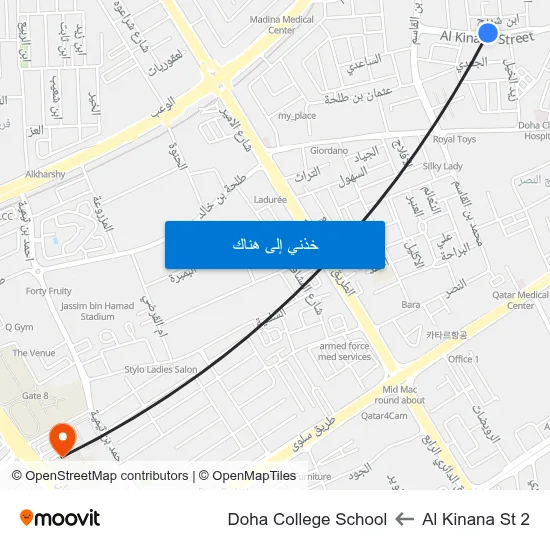 Al Kinana St 2 to Doha College School map