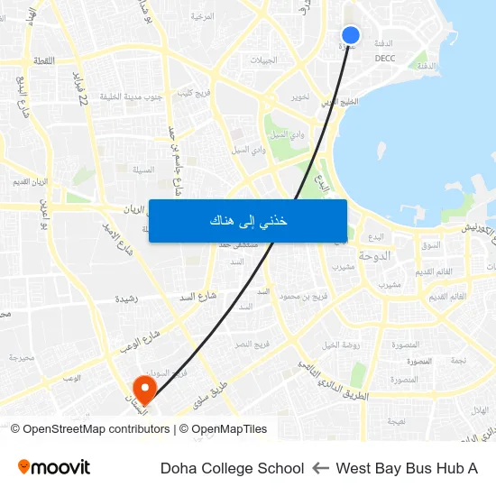 West Bay Bus Hub A to Doha College School map
