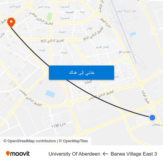 Barwa Village East 3 to University Of Aberdeen map