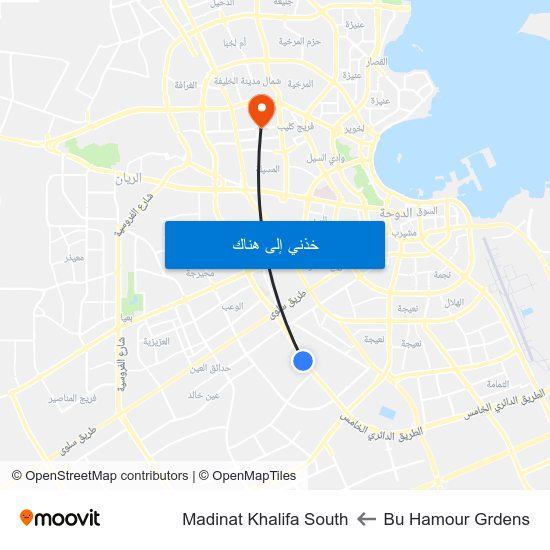 Bu Hamour Grdens to Madinat Khalifa South map