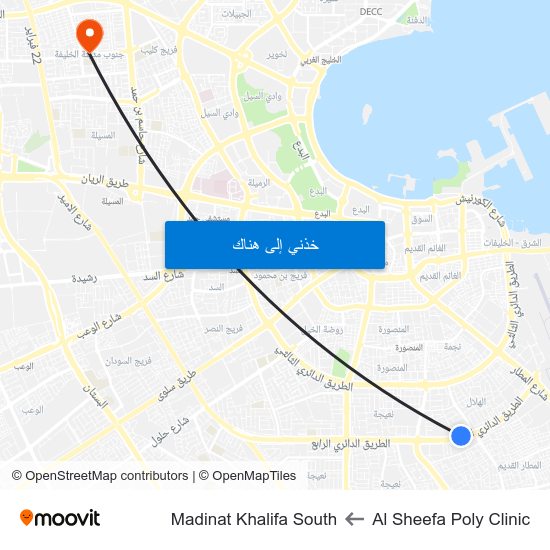 Al Sheefa Poly Clinic to Madinat Khalifa South map