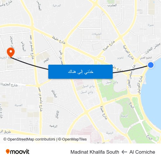 Al Corniche to Madinat Khalifa South map