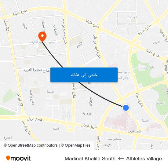 Athletes Village to Madinat Khalifa South map