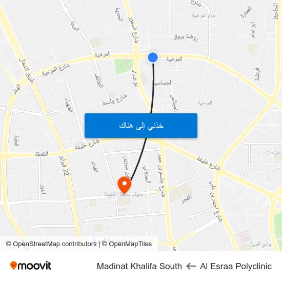 Al Esraa Polyclinic to Madinat Khalifa South map
