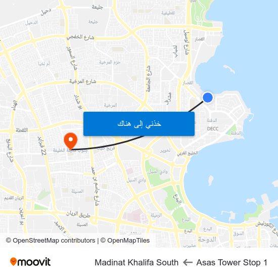 Asas Tower Stop 1 to Madinat Khalifa South map