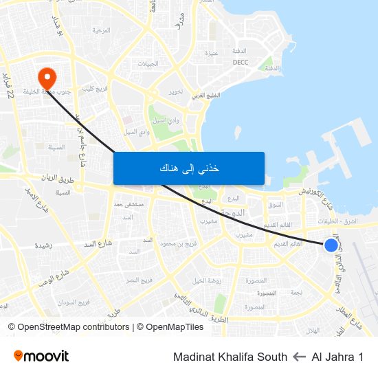 Al Jahra 1 to Madinat Khalifa South map