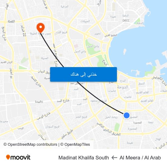 Al Meera / Al Arab to Madinat Khalifa South map