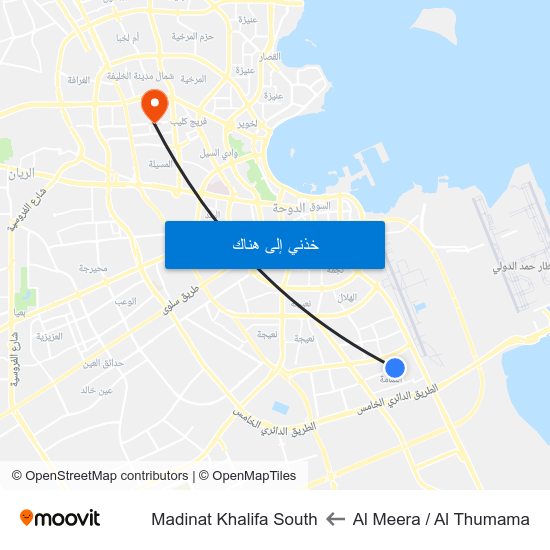 Al Meera / Al Thumama to Madinat Khalifa South map