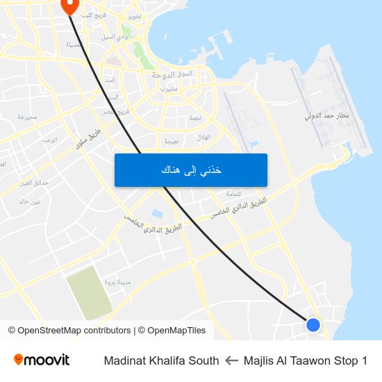 Majlis Al Taawon Stop 1 to Madinat Khalifa South map
