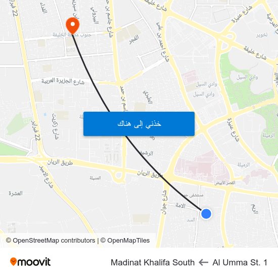 Al Umma St. 1 to Madinat Khalifa South map