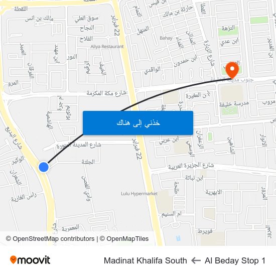 Al Beday Stop 1 to Madinat Khalifa South map