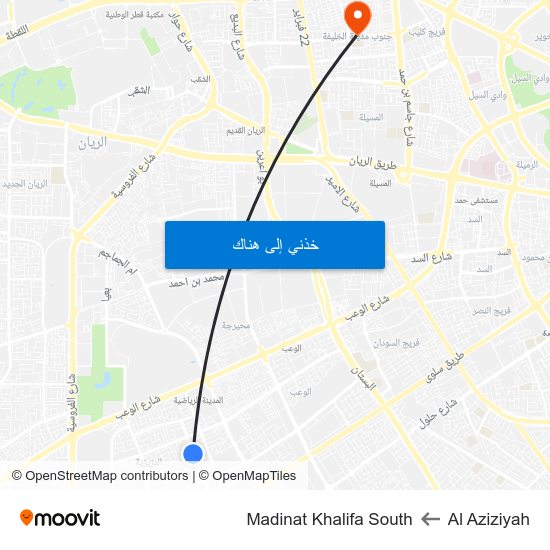 Al Aziziyah to Madinat Khalifa South map