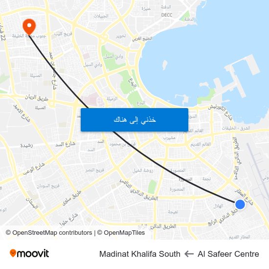 Al Safeer Centre to Madinat Khalifa South map