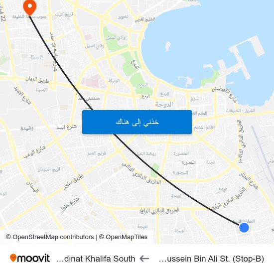 Al Hussein Bin Ali St. (Stop-B) to Madinat Khalifa South map