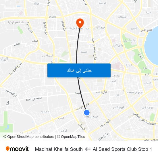 Al Saad Sports Club Stop 1 to Madinat Khalifa South map