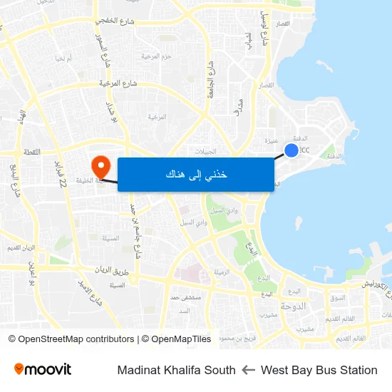 West Bay Bus Station to Madinat Khalifa South map