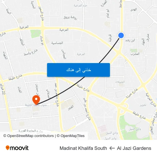 Al Jazi Gardens to Madinat Khalifa South map