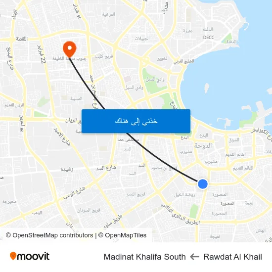 Rawdat Al Khail to Madinat Khalifa South map