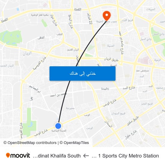 Ent 1 Sports City Metro Station to Madinat Khalifa South map