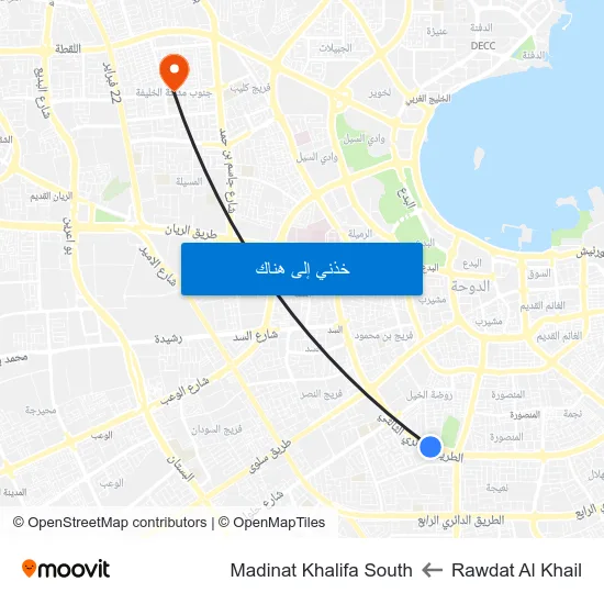 Rawdat Al Khail to Madinat Khalifa South map
