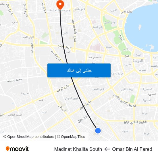 Omar Bin Al Fared to Madinat Khalifa South map