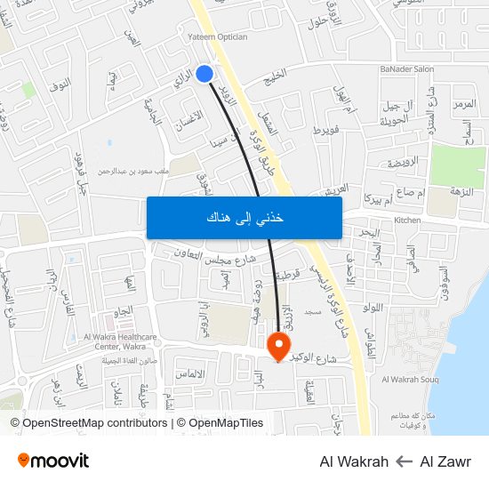 Al Zawr to Al Wakrah map