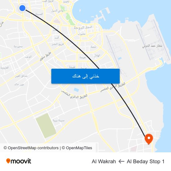 Al Beday Stop 1 to Al Wakrah map