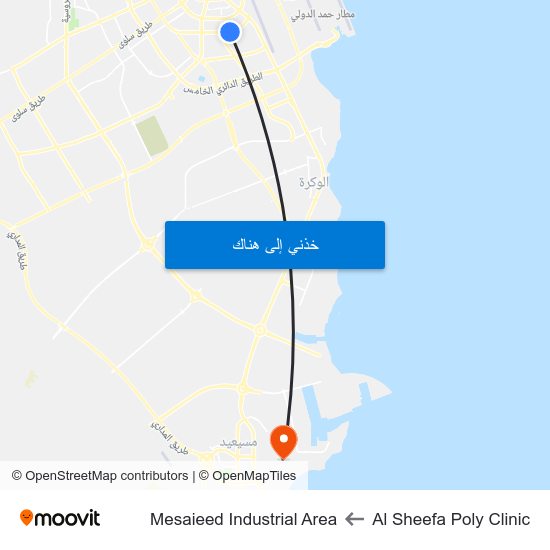 Al Sheefa Poly Clinic to Mesaieed Industrial Area map