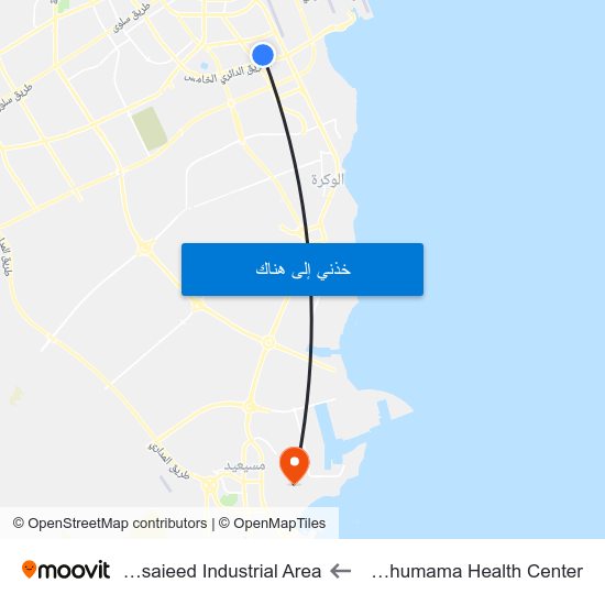 Al Thumama Health Center to Mesaieed Industrial Area map