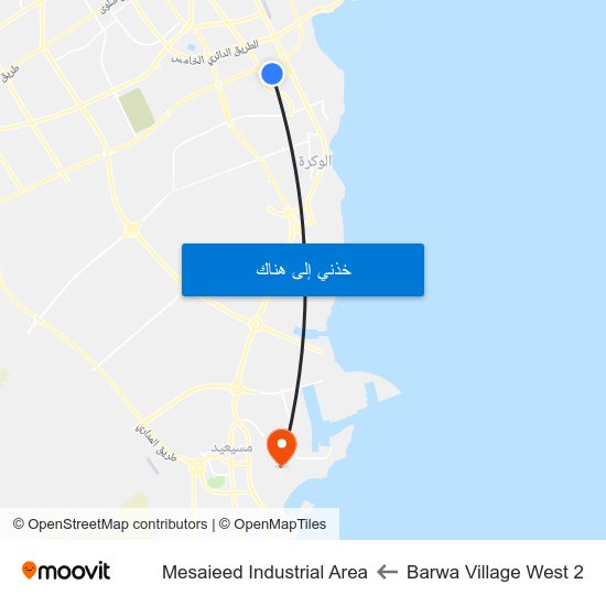 Barwa Village West 2 to Mesaieed Industrial Area map