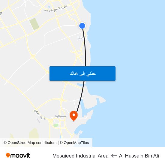 Al Hussain Bin Ali to Mesaieed Industrial Area map