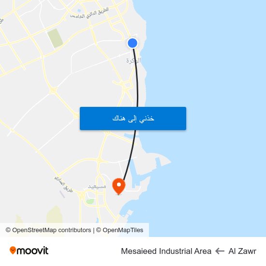 Al Zawr to Mesaieed Industrial Area map