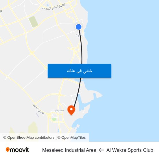 Al Wakra Sports Club to Mesaieed Industrial Area map