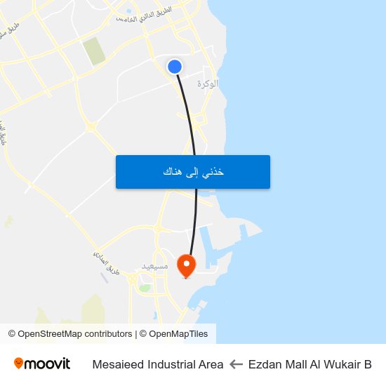 Ezdan Mall Al Wukair B to Mesaieed Industrial Area map