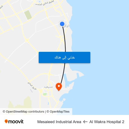 Al Wakra Hospital 2 to Mesaieed Industrial Area map