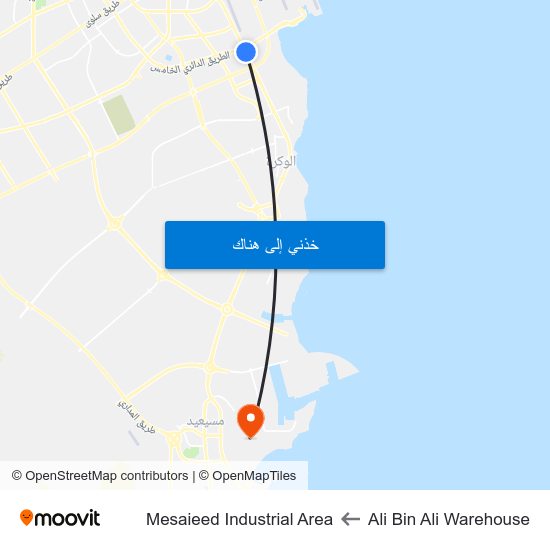 Ali Bin Ali Warehouse to Mesaieed Industrial Area map