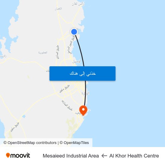 Al Khor Health Centre to Mesaieed Industrial Area map