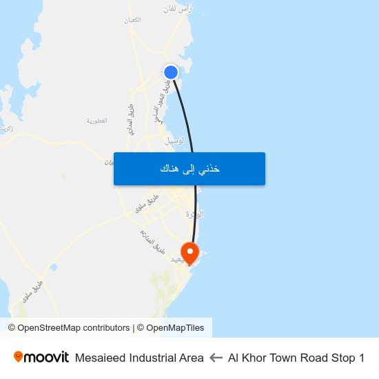 Al Khor Town Road Stop 1 to Mesaieed Industrial Area map