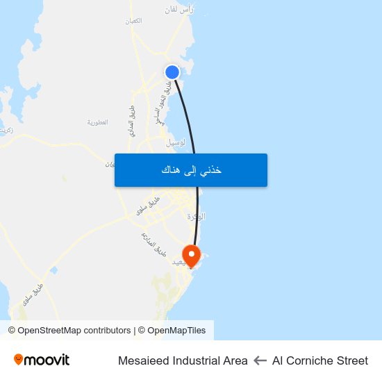 Al Corniche Street to Mesaieed Industrial Area map