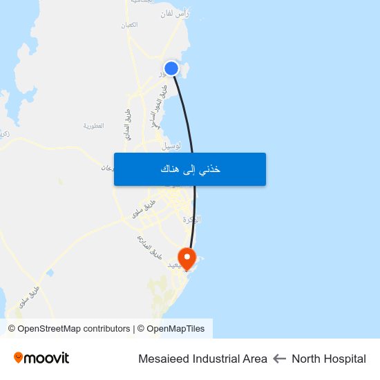 North Hospital to Mesaieed Industrial Area map