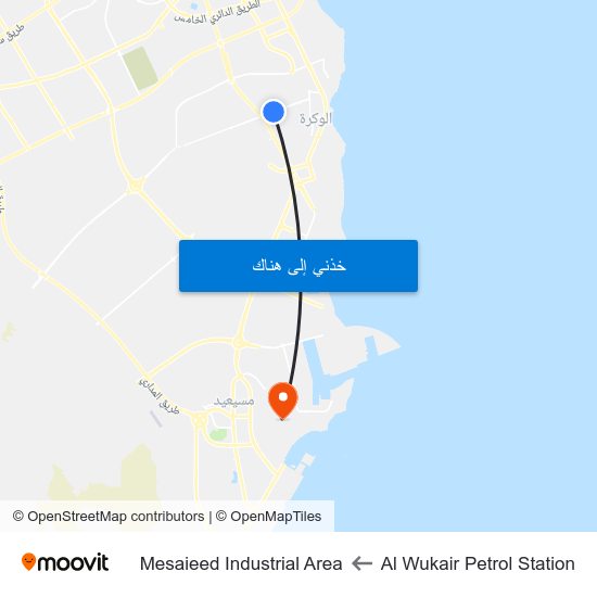 Al Wukair Petrol Station to Mesaieed Industrial Area map