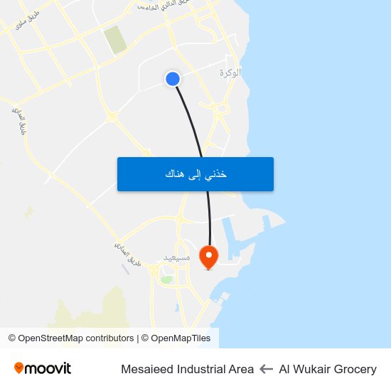 Al Wukair Grocery to Mesaieed Industrial Area map