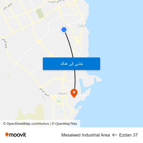 Ezdan 37 to Mesaieed Industrial Area map