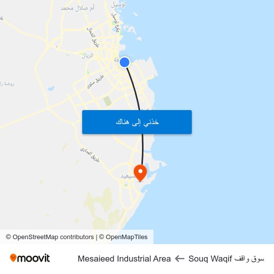 سوق واقف Souq Waqif to Mesaieed Industrial Area map