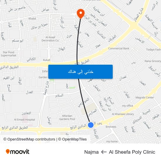 Al Sheefa Poly Clinic to Najma map